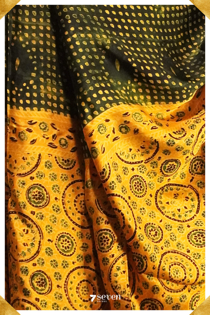 Noor Kutch Yellow Pure Ajrakh Modal Silk Saree - Seven Sarees - Saree - Seven Sarees