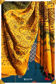 Noor Kutch Yellow Pure Ajrakh Modal Silk Saree - Seven Sarees - Saree - Seven Sarees