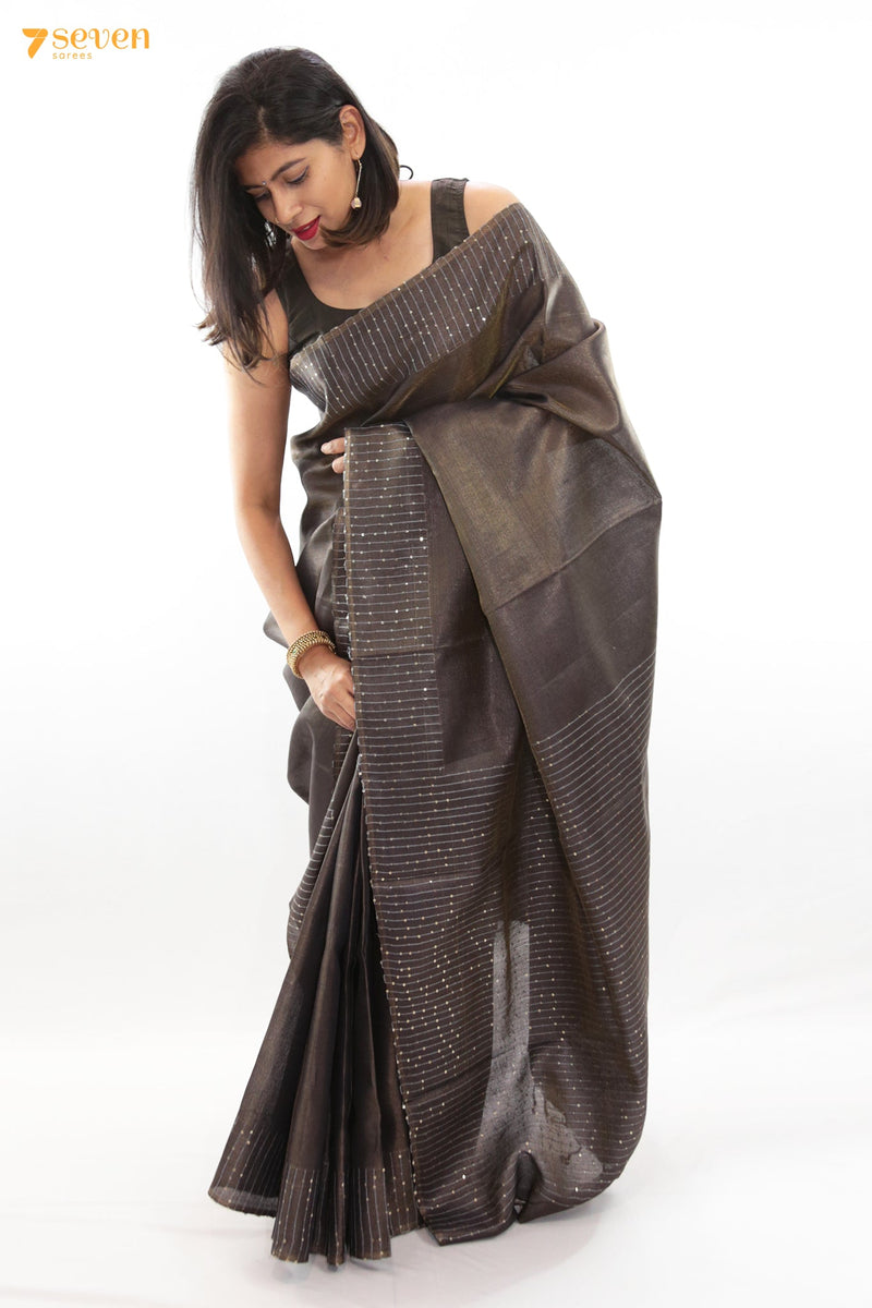 One in a million Chattisgarh Grey Pure Tussar Silk Sequin Saree | Silk Mark Certified - Seven Sarees - Seven Sarees