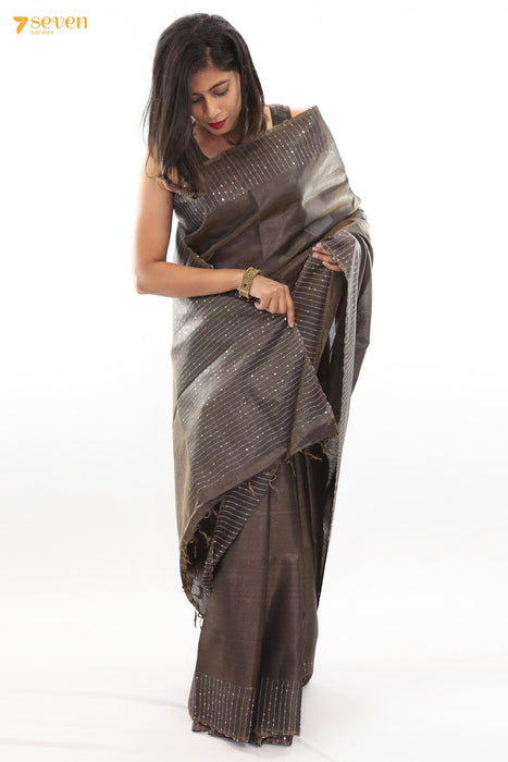 One in a million Chattisgarh Grey Pure Tussar Silk Sequin Saree | Silk Mark Certified - Seven Sarees - Seven Sarees