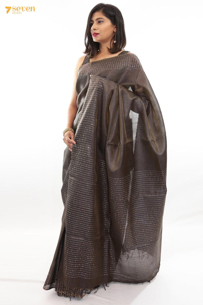 One in a million Chattisgarh Grey Pure Tussar Silk Sequin Saree | Silk Mark Certified - Seven Sarees - Seven Sarees