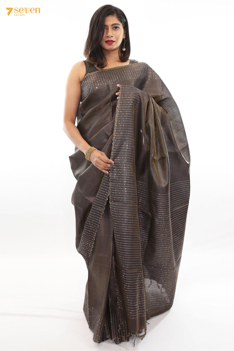 One in a million Chattisgarh Grey Pure Tussar Silk Sequin Saree | Silk Mark Certified - Seven Sarees - Seven Sarees