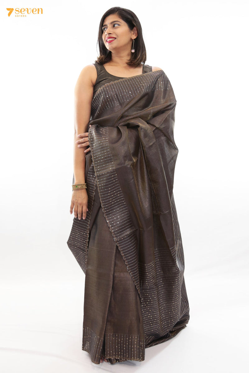 One in a million Chattisgarh Grey Pure Tussar Silk Sequin Saree | Silk Mark Certified - Seven Sarees - Seven Sarees