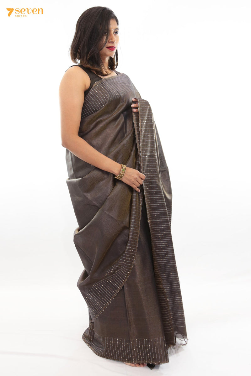 One in a million Chattisgarh Grey Pure Tussar Silk Sequin Saree | Silk Mark Certified - Seven Sarees - Seven Sarees