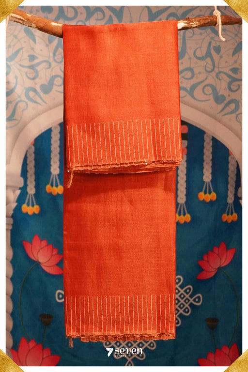 One in a million Chattisgarh Orange Pure Tussar Silk Saree|Silk Mark Certified - Seven Sarees - Seven Sarees