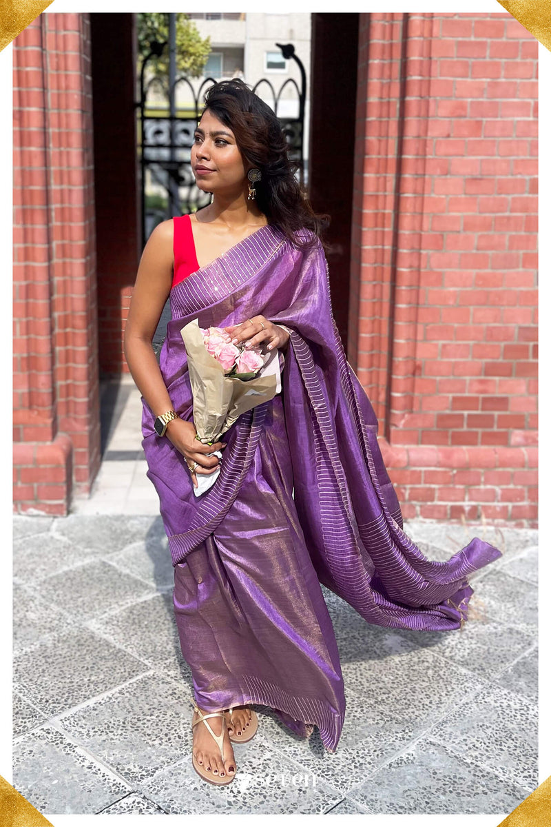 One in a million Chattisgarh Purple Pure Tussar Silk Sequin Saree | Silk Mark Certified - Seven Sarees - Saree - Seven Sarees
