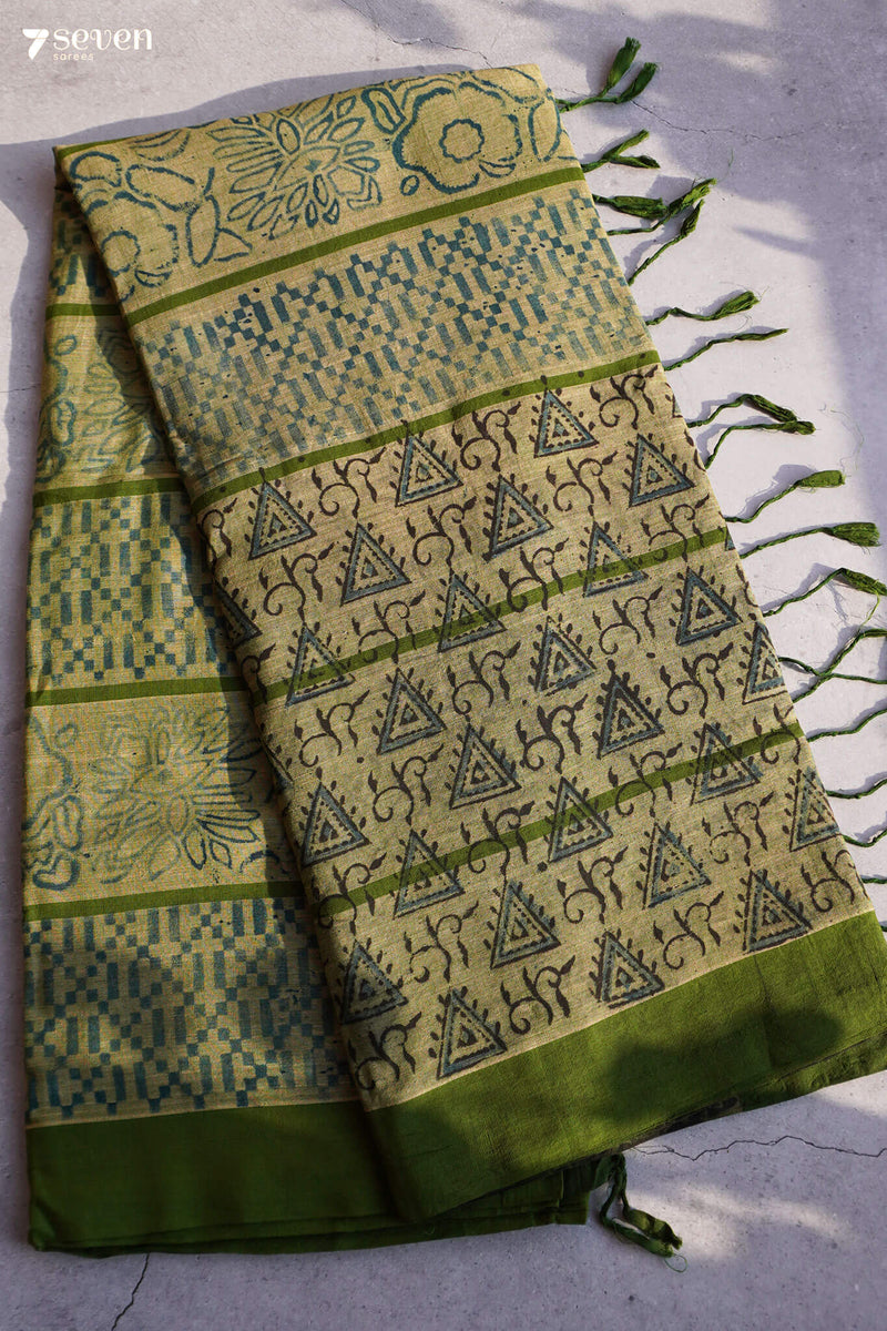 Pattukochi Hand Block Kalamkari 100% Soft Cotton Light Green Saree (Handloom) - Seven Sarees - Saree - Seven Sarees