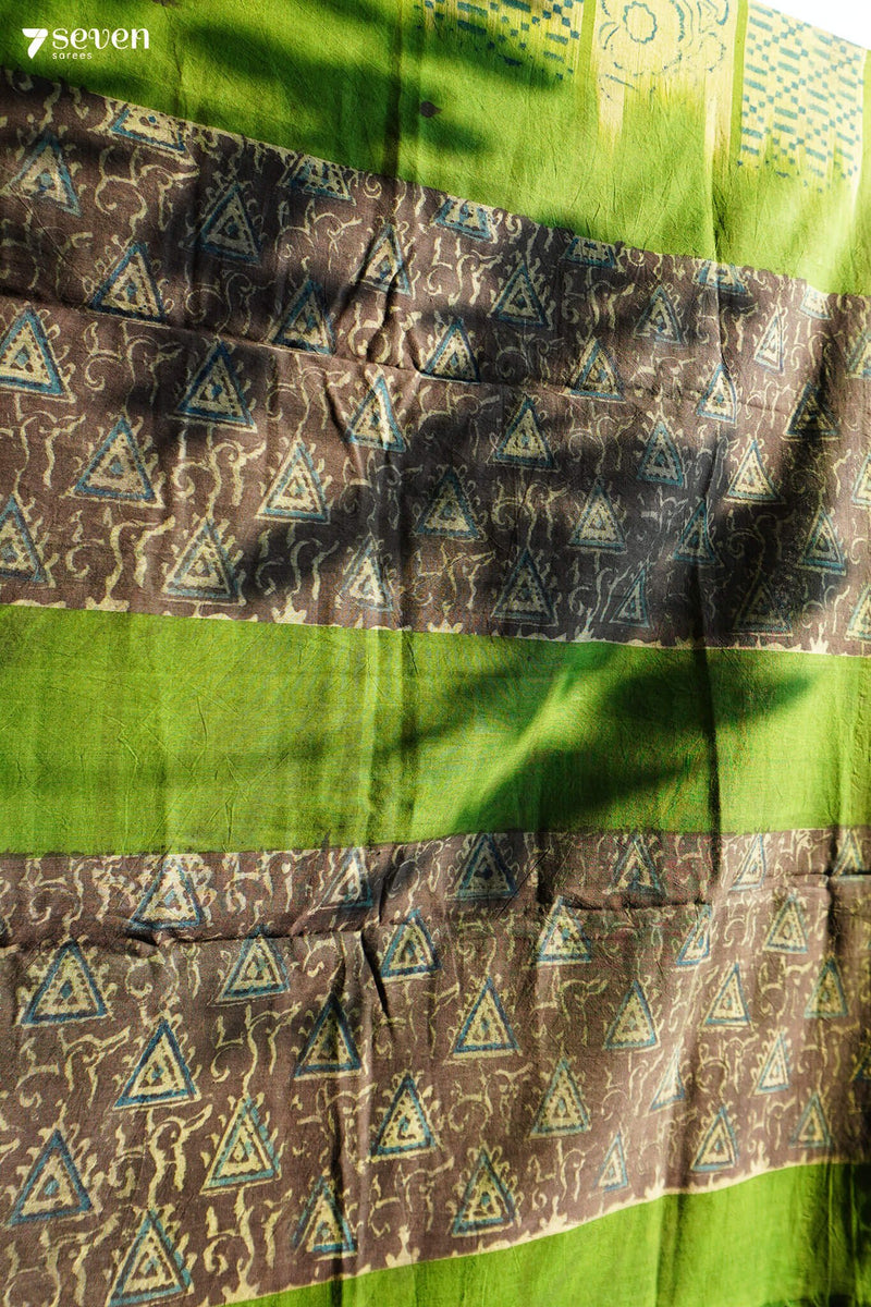 Pattukochi Hand Block Kalamkari 100% Soft Cotton Light Green Saree (Handloom) - Seven Sarees - Saree - Seven Sarees