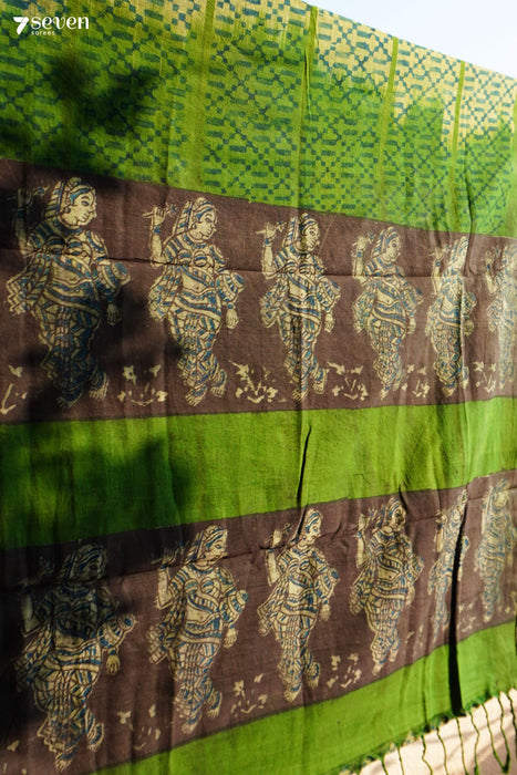 Pattukochi Hand Block Kalamkari 100% Soft Cotton Light Green Saree (Handloom) - Seven Sarees - Saree - Seven Sarees