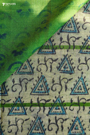 Pattukochi Hand Block Kalamkari 100% Soft Cotton Light Green Saree (Handloom) - Seven Sarees - Saree - Seven Sarees