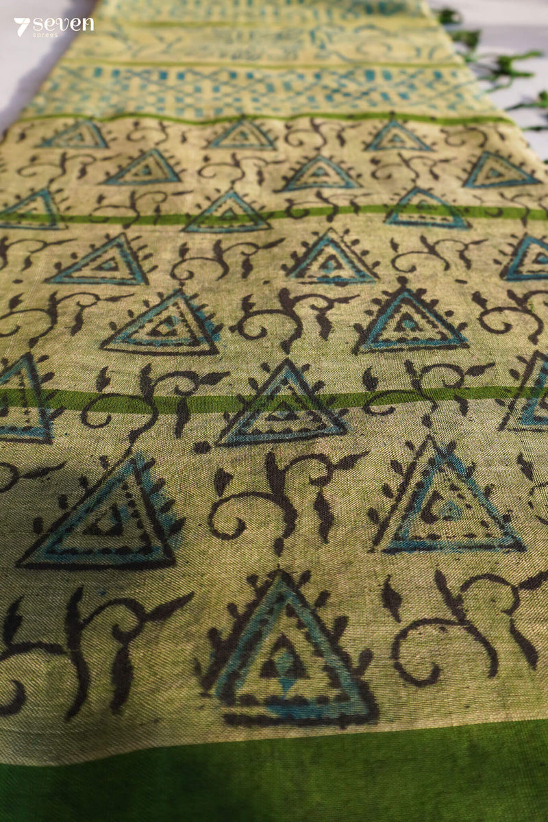 Pattukochi Hand Block Kalamkari 100% Soft Cotton Light Green Saree (Handloom) - Seven Sarees - Saree - Seven Sarees