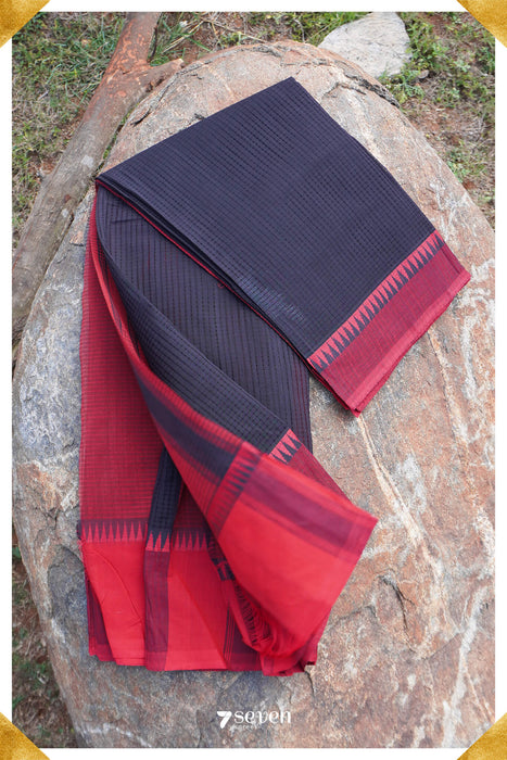 Pavaki Mangalagiri Handloom Black/Red Pure Cotton Saree - Seven Sarees - Saree - Seven Sarees