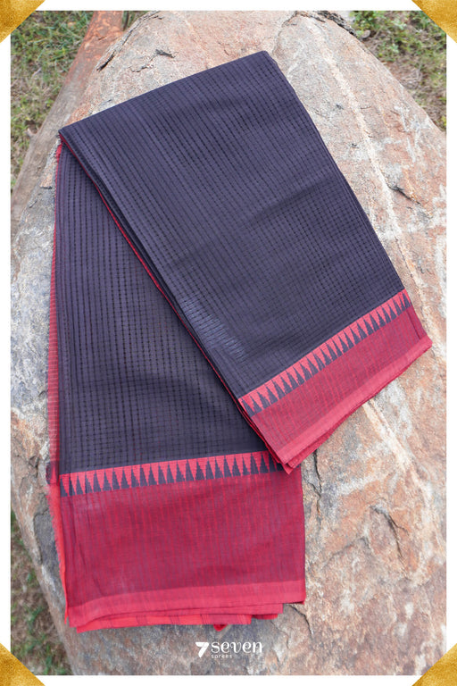 Pavaki Mangalagiri Handloom Black/Red Pure Cotton Saree - Seven Sarees - Saree - Seven Sarees