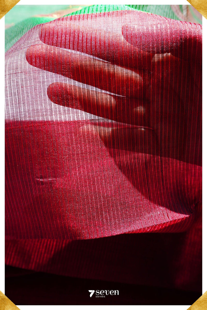 Pooja Mangalagiri Handloom Red/Green Pure Silk-Cotton Saree - Seven Sarees - Saree - Seven Sarees