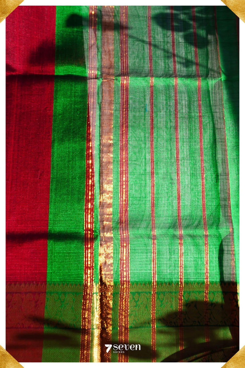 Pooja Mangalagiri Handloom Red/Green Pure Silk-Cotton Saree - Seven Sarees - Saree - Seven Sarees