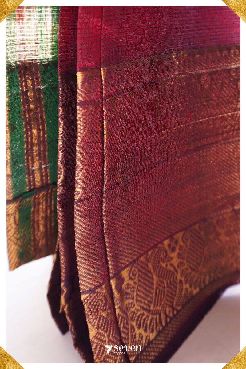 Pooja Mangalagiri Handloom Red/Green Pure Silk-Cotton Saree - Seven Sarees - Saree - Seven Sarees