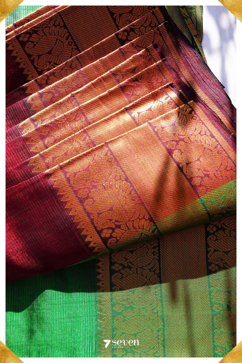 Pooja Mangalagiri Handloom Red/Green Pure Silk-Cotton Saree - Seven Sarees - Saree - Seven Sarees