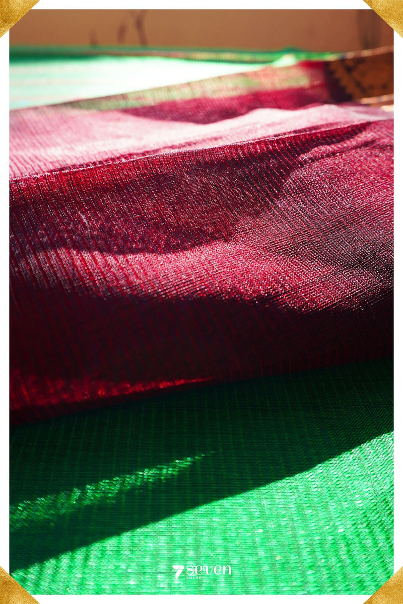 Pooja Mangalagiri Handloom Red/Green Pure Silk-Cotton Saree - Seven Sarees - Saree - Seven Sarees