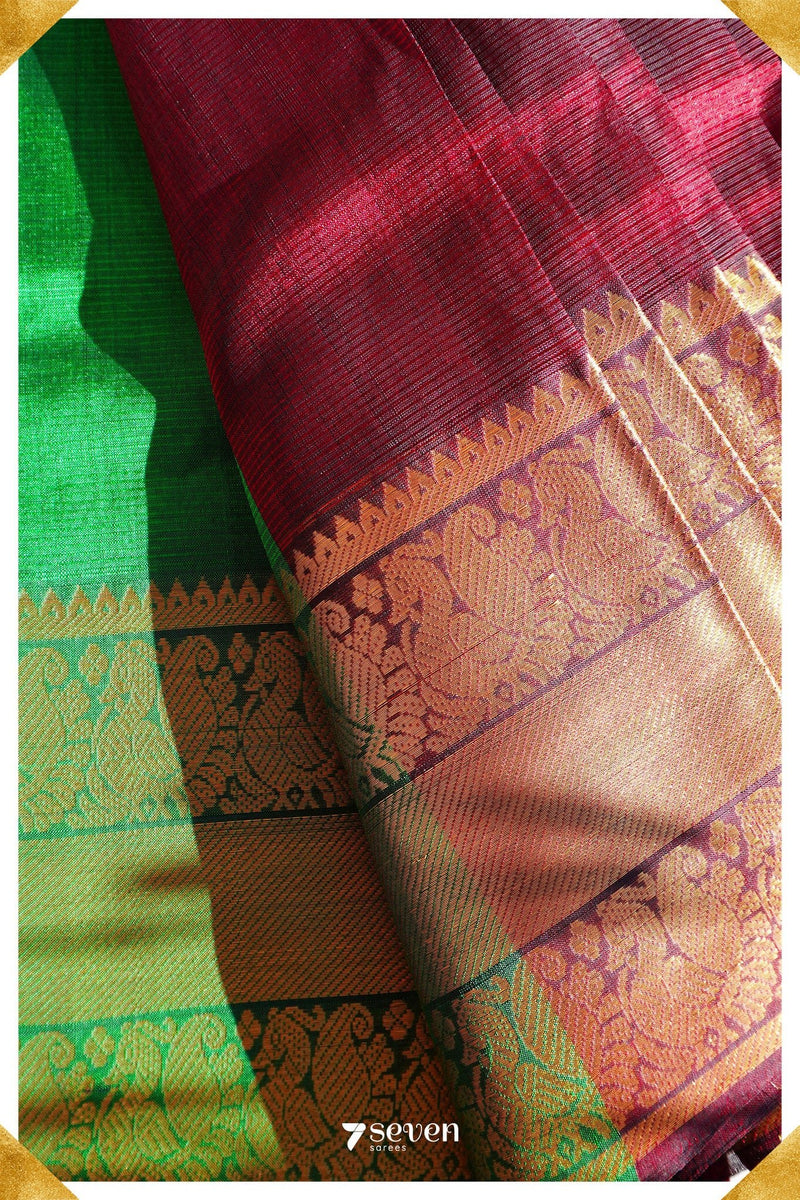 Pooja Mangalagiri Handloom Red/Green Pure Silk-Cotton Saree - Seven Sarees - Saree - Seven Sarees