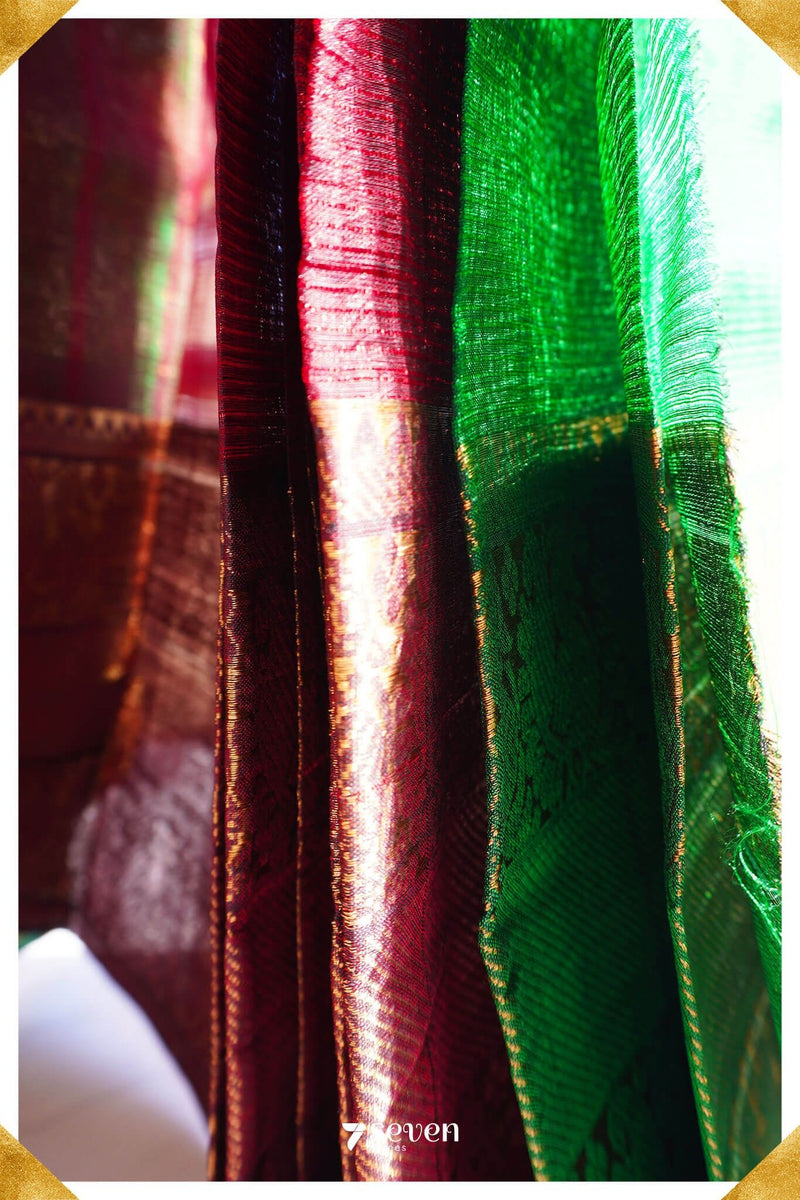 Pooja Mangalagiri Handloom Red/Green Pure Silk-Cotton Saree - Seven Sarees - Saree - Seven Sarees