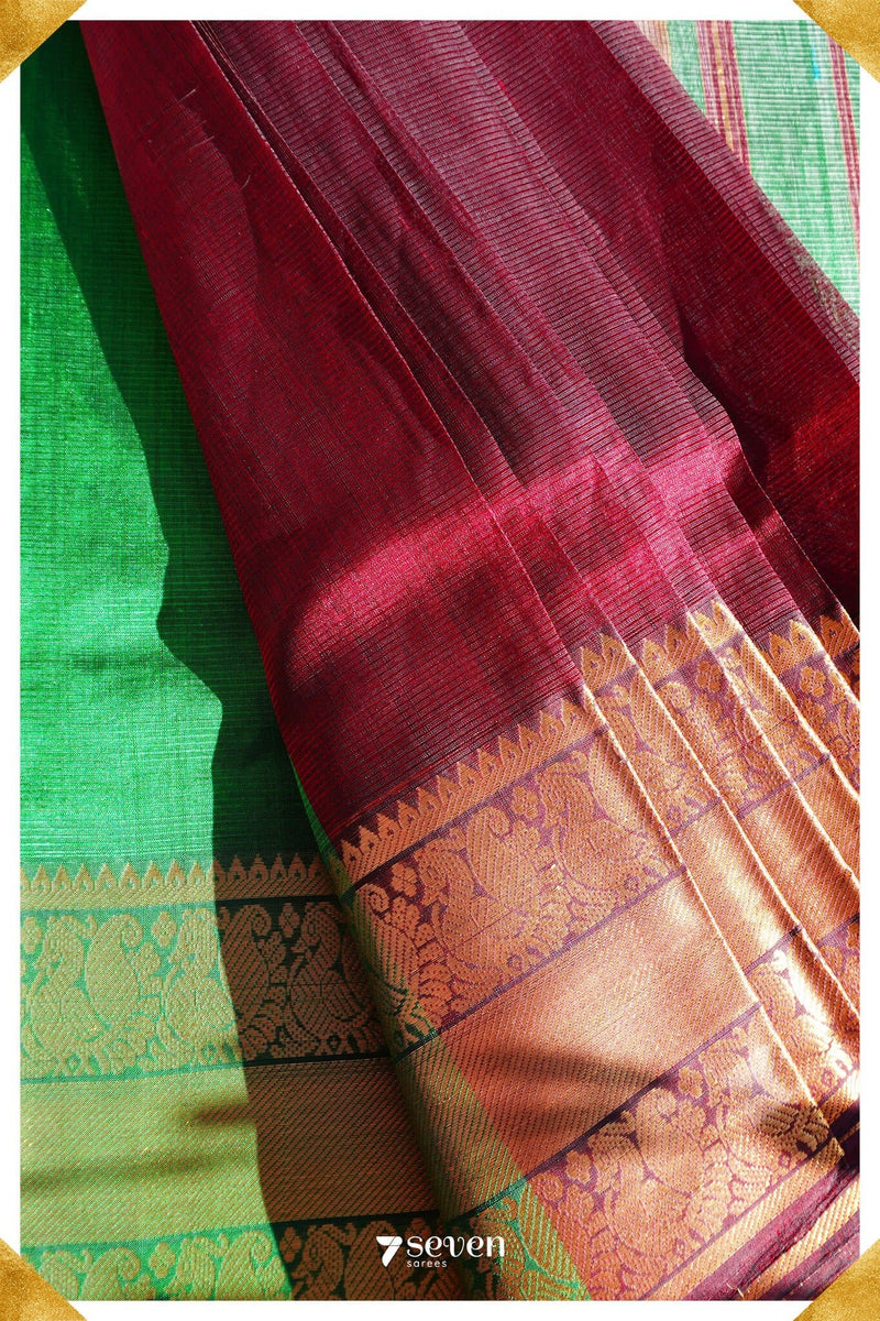 Pooja Mangalagiri Handloom Red/Green Pure Silk-Cotton Saree - Seven Sarees - Saree - Seven Sarees