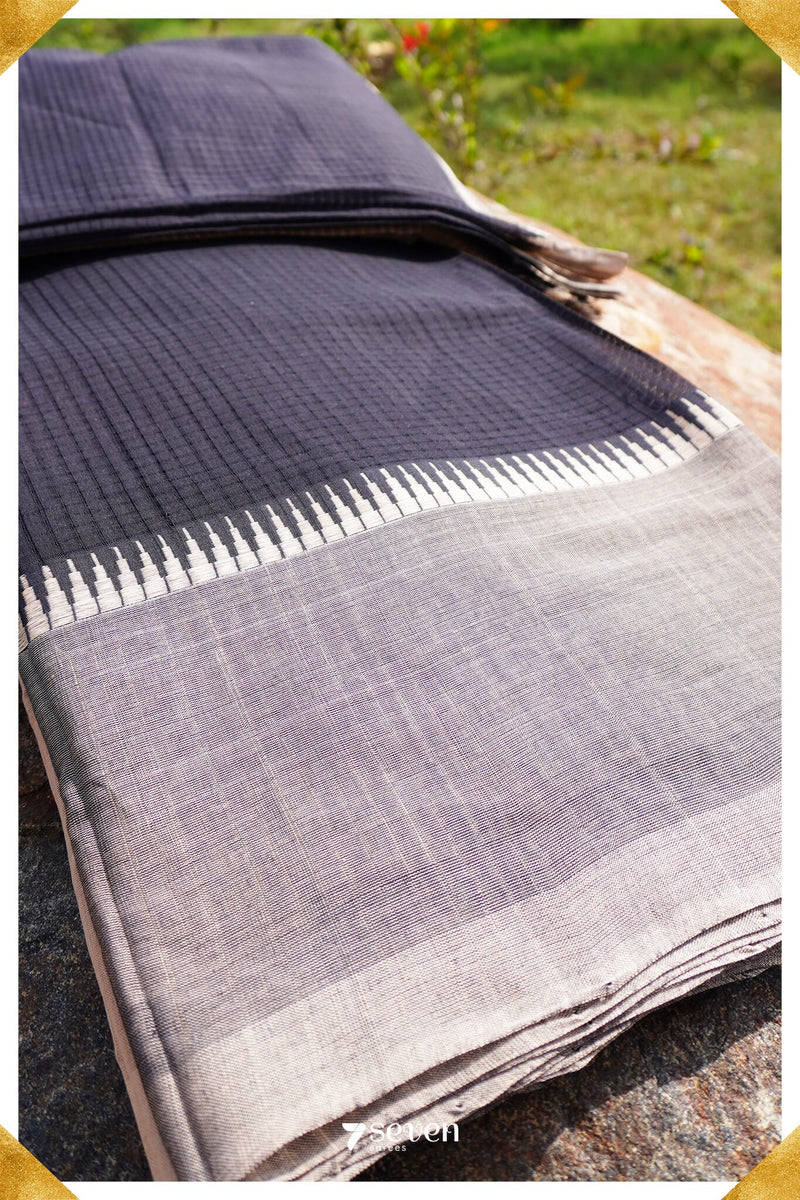 Prajna Mangalagiri Handloom Black/White Pure Cotton Saree - Seven Sarees - Saree - Seven Sarees