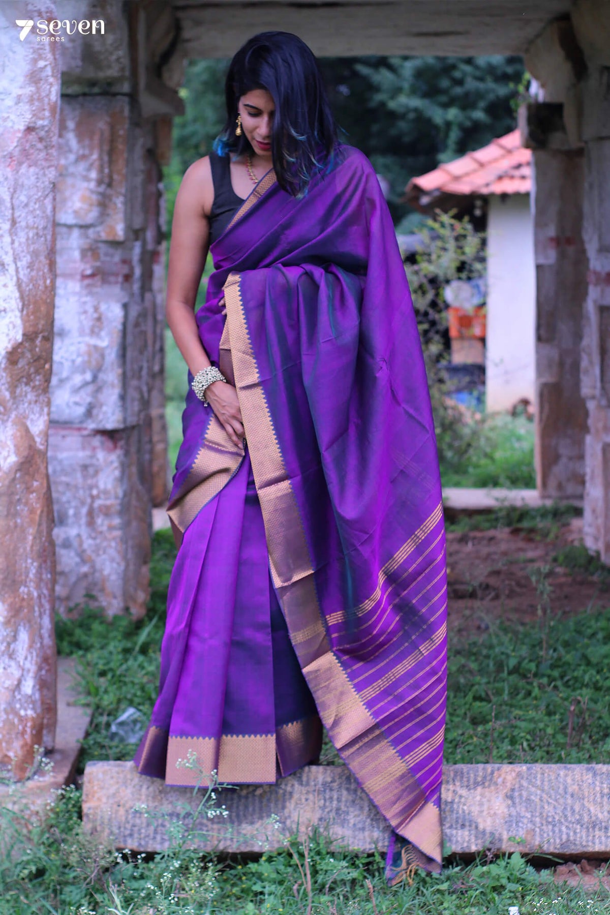 Wine viscose Satin Saree With Silver Zari Stripes and Pichwai Pallu