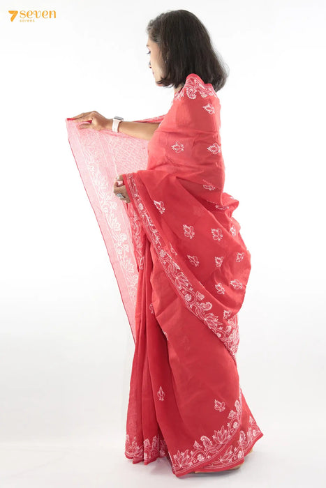 Red Romance Lucknow Red Original Handmade Chikankari Pure Kota Cotton Saree - Seven Sarees - Saree - Seven Sarees