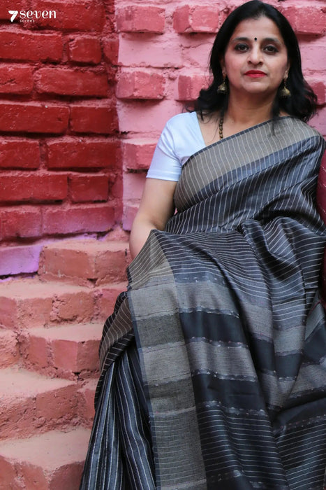 Reverie Chattisgarh Black Pure Tussar Silk Saree | Silk Mark Certified - Seven Sarees - Saree - Seven Sarees