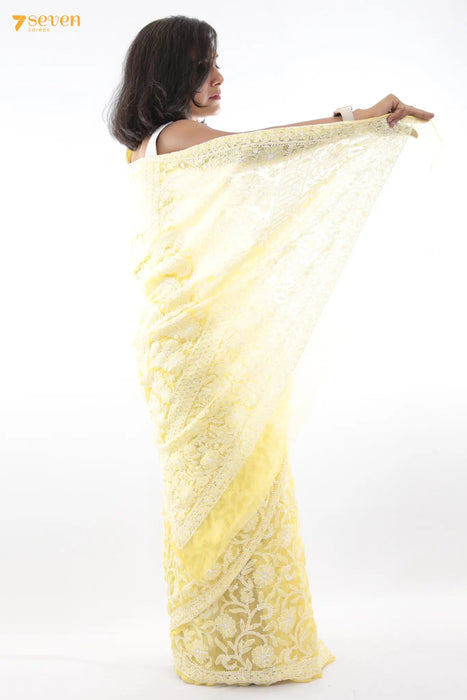 Rising Sun Lucknow Yellow Original Handmade Chikankari Georgette Saree - Seven Sarees - Saree - Seven Sarees