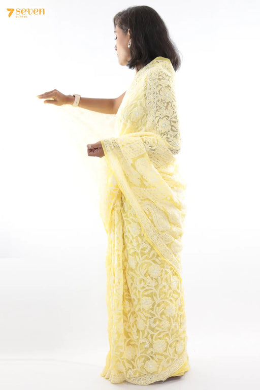 Rising Sun Lucknow Yellow Original Handmade Chikankari Georgette Saree - Seven Sarees - Saree - Seven Sarees