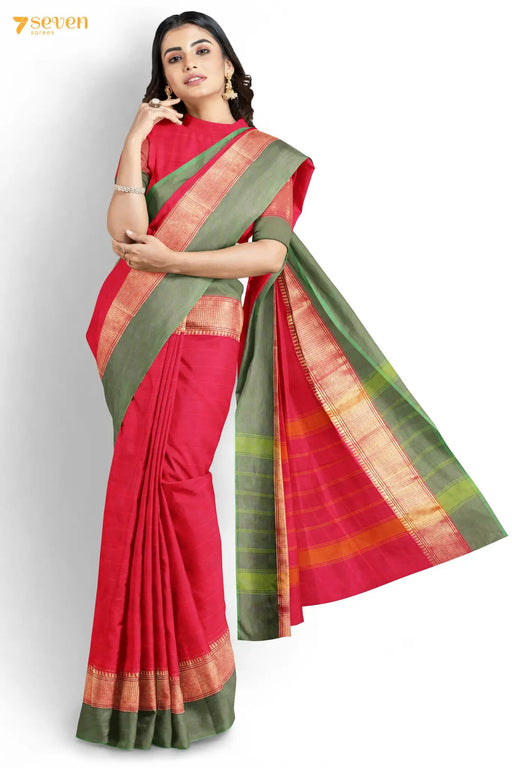 Serunthi Madurai Red Pure Cotton Saree - Seven Sarees - Saree - Seven Sarees