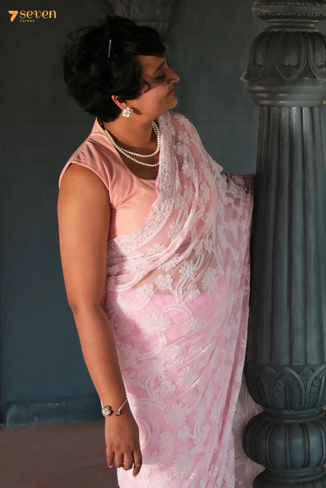 Seven Special Lucknow Pink Original handmade Chikankari Georgette Saree - Seven Sarees - Saree - Seven Sarees