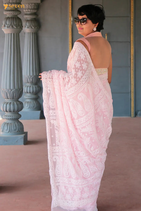Seven Special Pink handmade Chikankari Georgette Saree-Seven