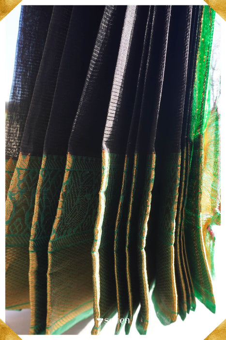 Shobha Mangalagiri Handloom Black/Green Pure Silk-Cotton Saree - Seven Sarees - Saree - Seven Sarees