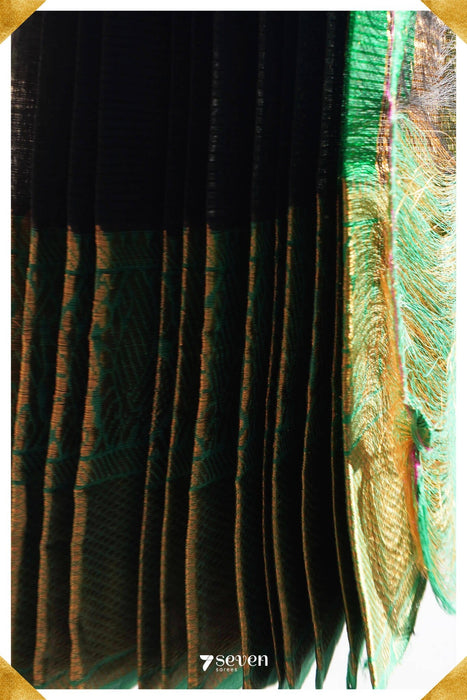 Shobha Mangalagiri Handloom Black/Green Pure Silk-Cotton Saree - Seven Sarees - Saree - Seven Sarees