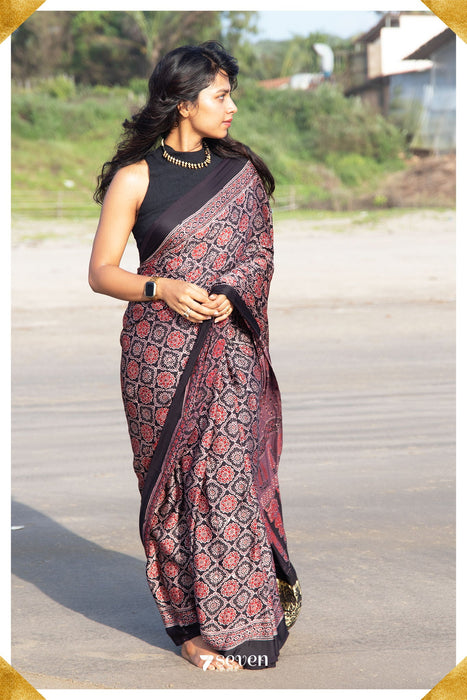 Blue - Natural Dyed Modal Silk Kutch Hand Block Print Ajrakh Saree 02