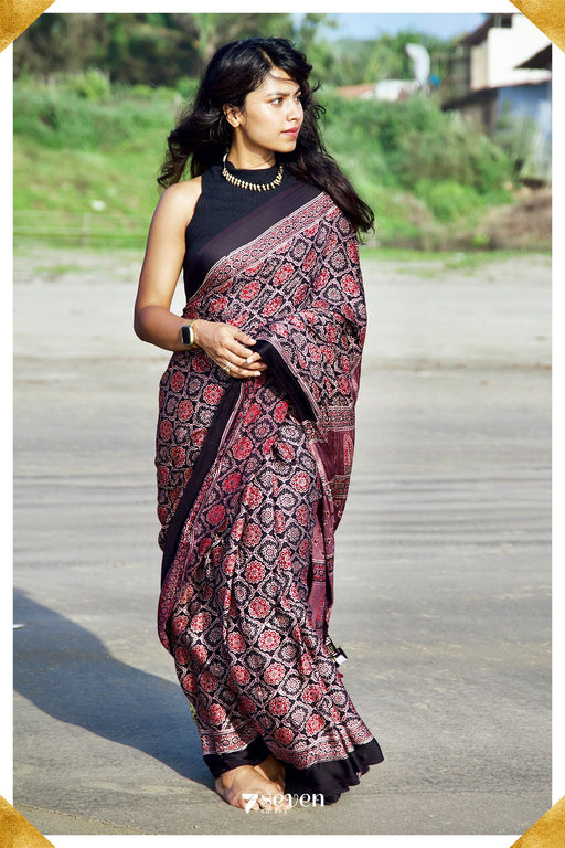 Shukriya Kutch Black pure ajrakh modal silk saree with zari - Seven Sarees - Saree - Seven Sarees