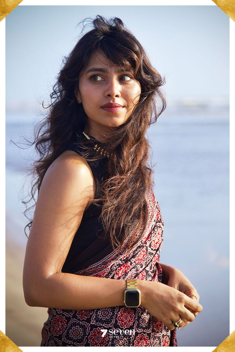 Shukriya Kutch Black pure ajrakh modal silk saree with zari - Seven Sarees - Saree - Seven Sarees