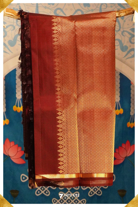 Sri Handloom Kanchipuram Pattu 100% Pure Silk Brown Saree | Silk Mark Certified - Seven Sarees - Seven Sarees