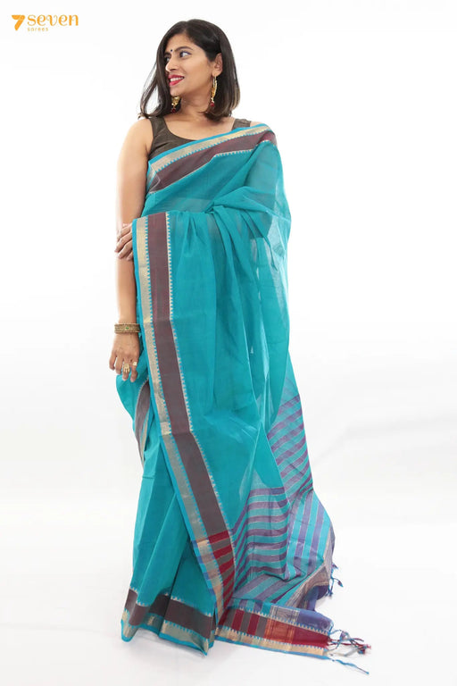 Sriprada Mangalagiri Handloom Blue Pure Cotton Saree - Seven Sarees - Saree - Seven Sarees