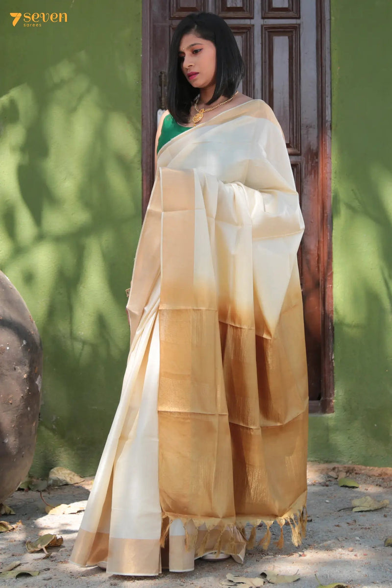 Star Jasmine Chattisgarh White Pure Tussar Silk Saree | Silk Mark Certified - Seven Sarees - Saree - Seven Sarees