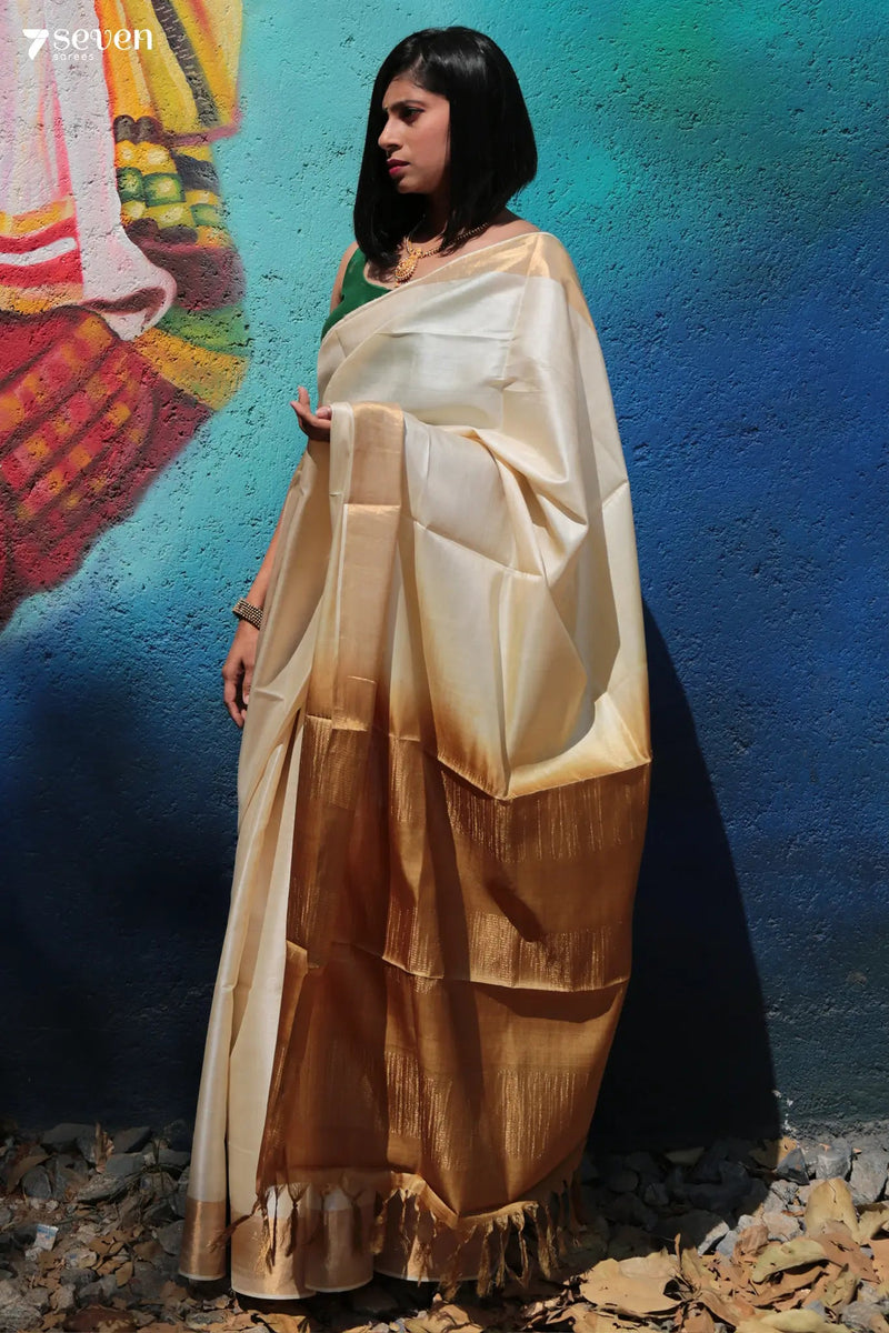 Star Jasmine Chattisgarh White Pure Tussar Silk Saree | Silk Mark Certified - Seven Sarees - Saree - Seven Sarees