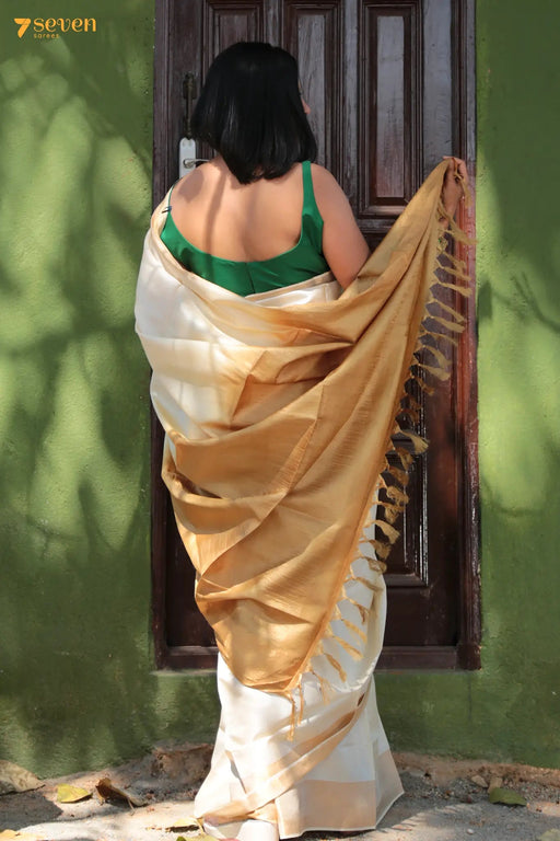 Star Jasmine Chattisgarh White Pure Tussar Silk Saree | Silk Mark Certified - Seven Sarees - Saree - Seven Sarees