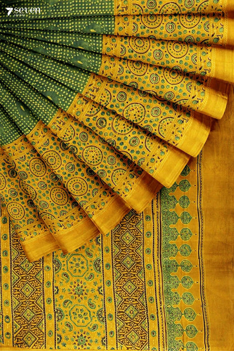 Sukoon Kutch Yellow Pure Ajrakh Cotton Saree - Seven Sarees - Saree - Seven Sarees