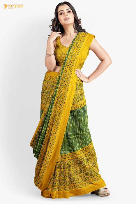 Sukoon Kutch Yellow Pure Ajrakh Cotton Saree - Seven Sarees - Saree - Seven Sarees