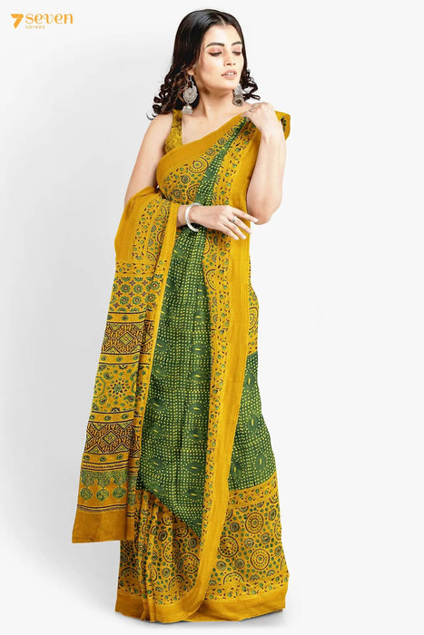 Sukoon Kutch Yellow Pure Ajrakh Cotton Saree - Seven Sarees - Saree - Seven Sarees