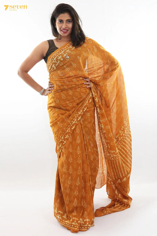 Sultry days Jaipur Mustard Block Printed Pure Cotton Saree - Seven Sarees - Saree - Seven Sarees
