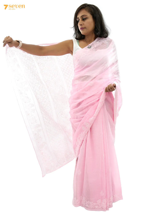 Sunday mornings Lucknow Pink Original Handmade Chikankari Pure Kota Cotton Saree - Seven Sarees - Saree - Seven Sarees