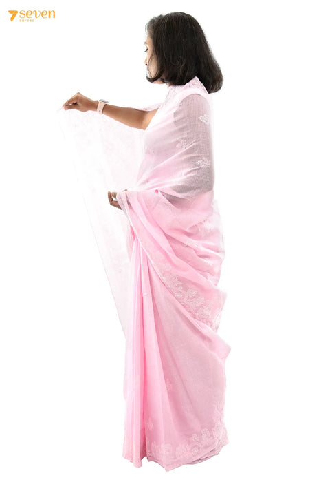 Sunday mornings Lucknow Pink Original Handmade Chikankari Pure Kota Cotton Saree - Seven Sarees - Saree - Seven Sarees